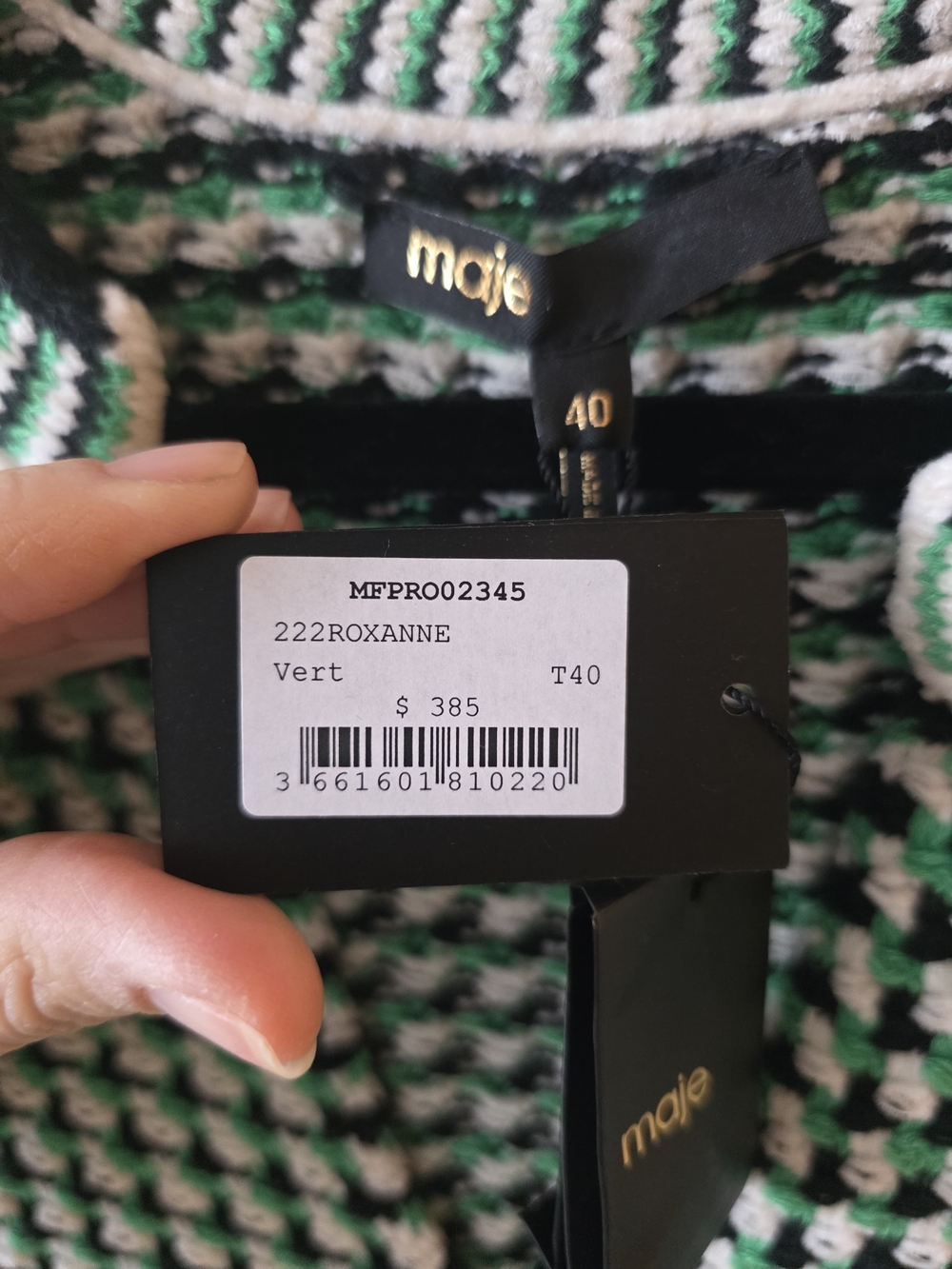 Maje Green and White Knit Mini Dress with Pocket Details, French 40 = USA 8-10. - Picture 3 of 6